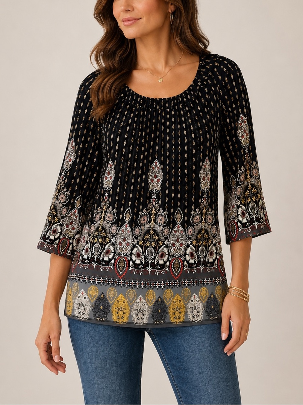 Style & Co Black Yellow Floral Boho Print Peasant Blouse  3/4 Sleeve Chic Top L